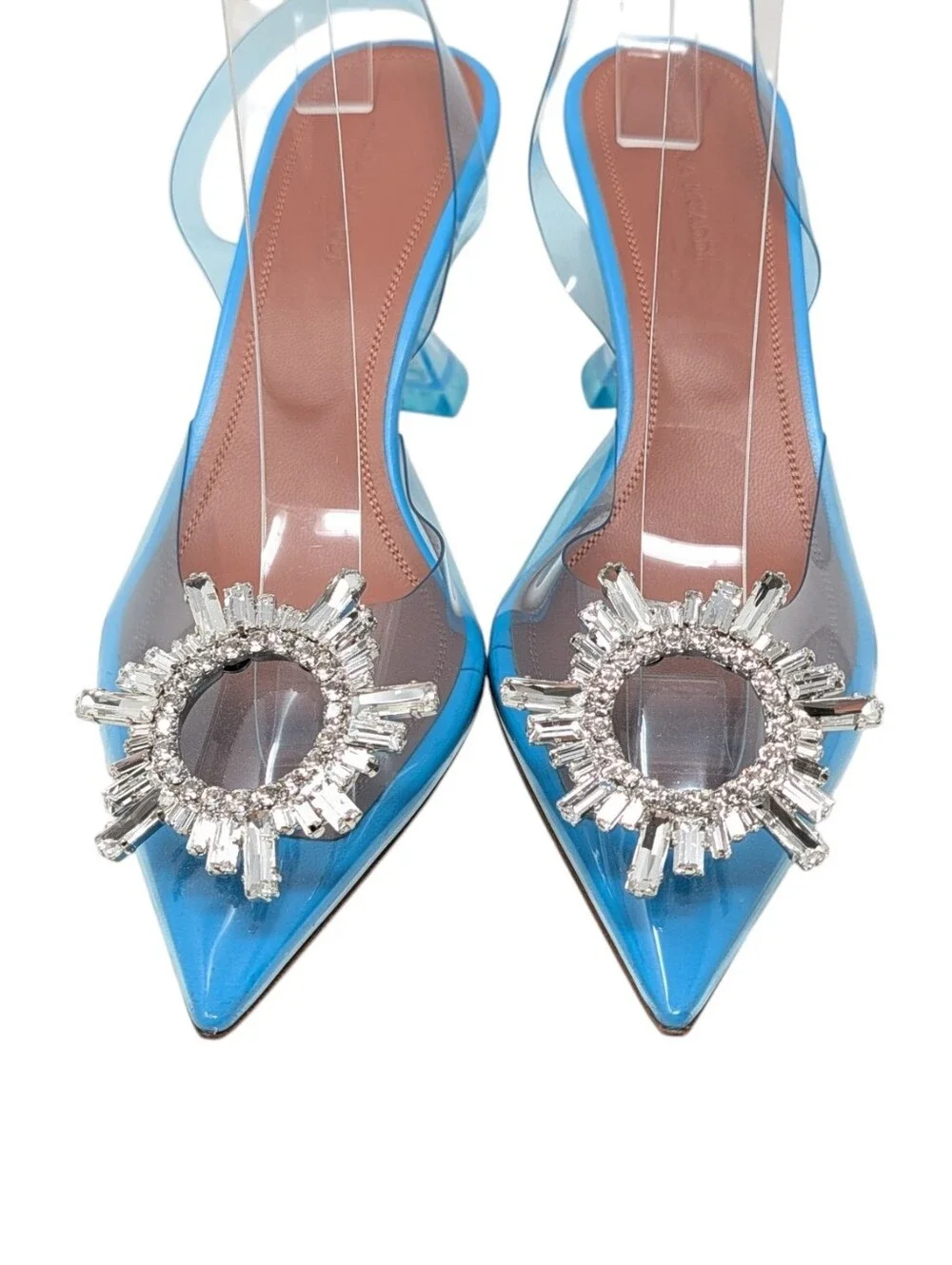 Amina Muaddi Begum PVC Plexi Glass Slingback Sky Blue 70mm Heel Size EU 39